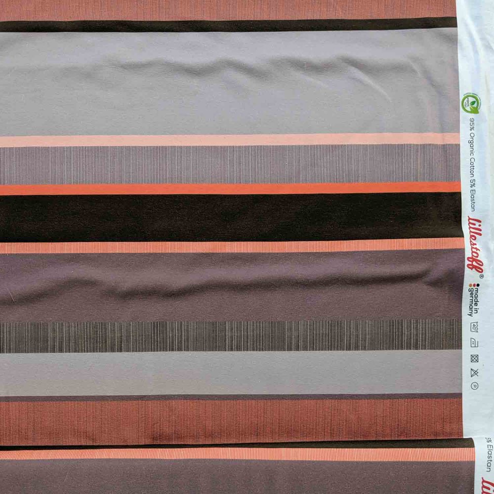 Bio Jersey Design Streifenmuster taupe orange 1m - zum Schließen ins Bild klicken