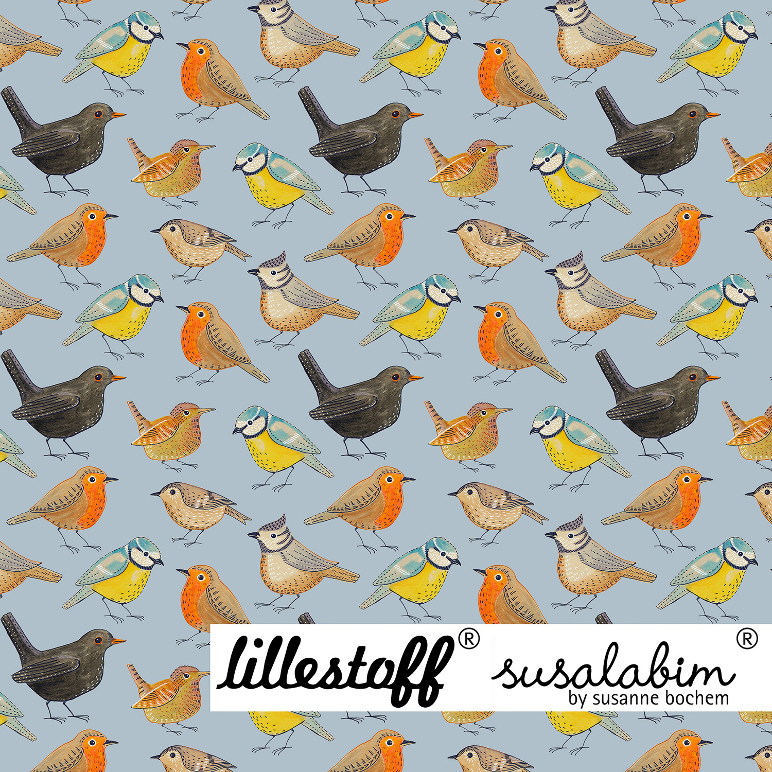 Bio Jersey Design Susalabims Vögelchen blau 1m